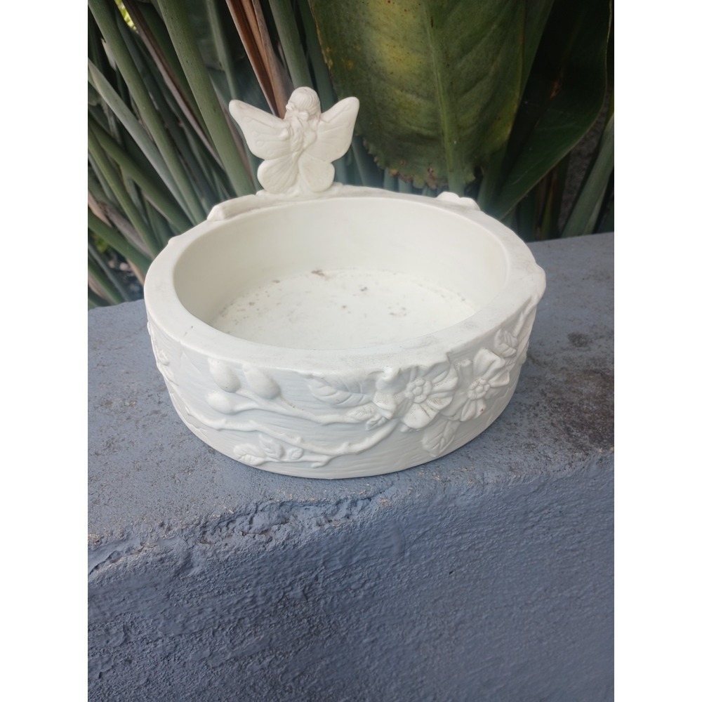 Vintage White Fairy Garden Bowl Floral Dragonfly Resin Planter Trinket Dish - Picture 3 of 10